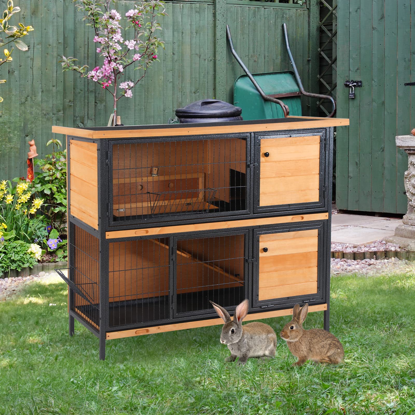 Pawhut 48'' 2-Story Large Rabbit Hutch Bunny Cage Wooden Pet House Metal Frame With Individual Room, Ramp, No Leak Tray, Feeding
